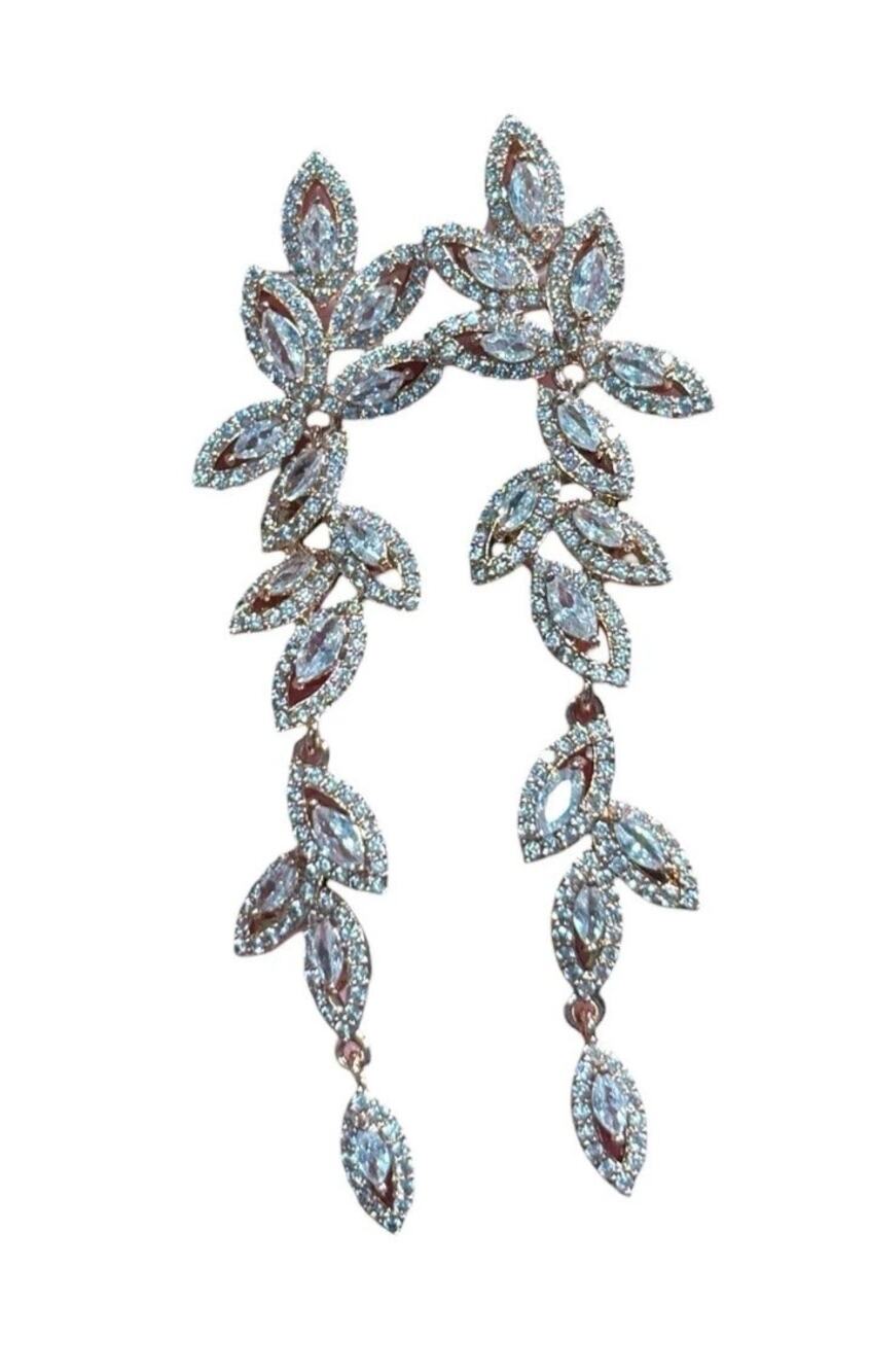 Rose Gold Crystal Leaf Drop Earrings 4” Statement Rhinestone Dangle Glam